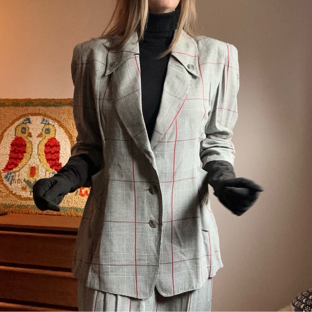 Vintage 80s Plaid Women's Power Suit Blazer Skirt Set Size Medium